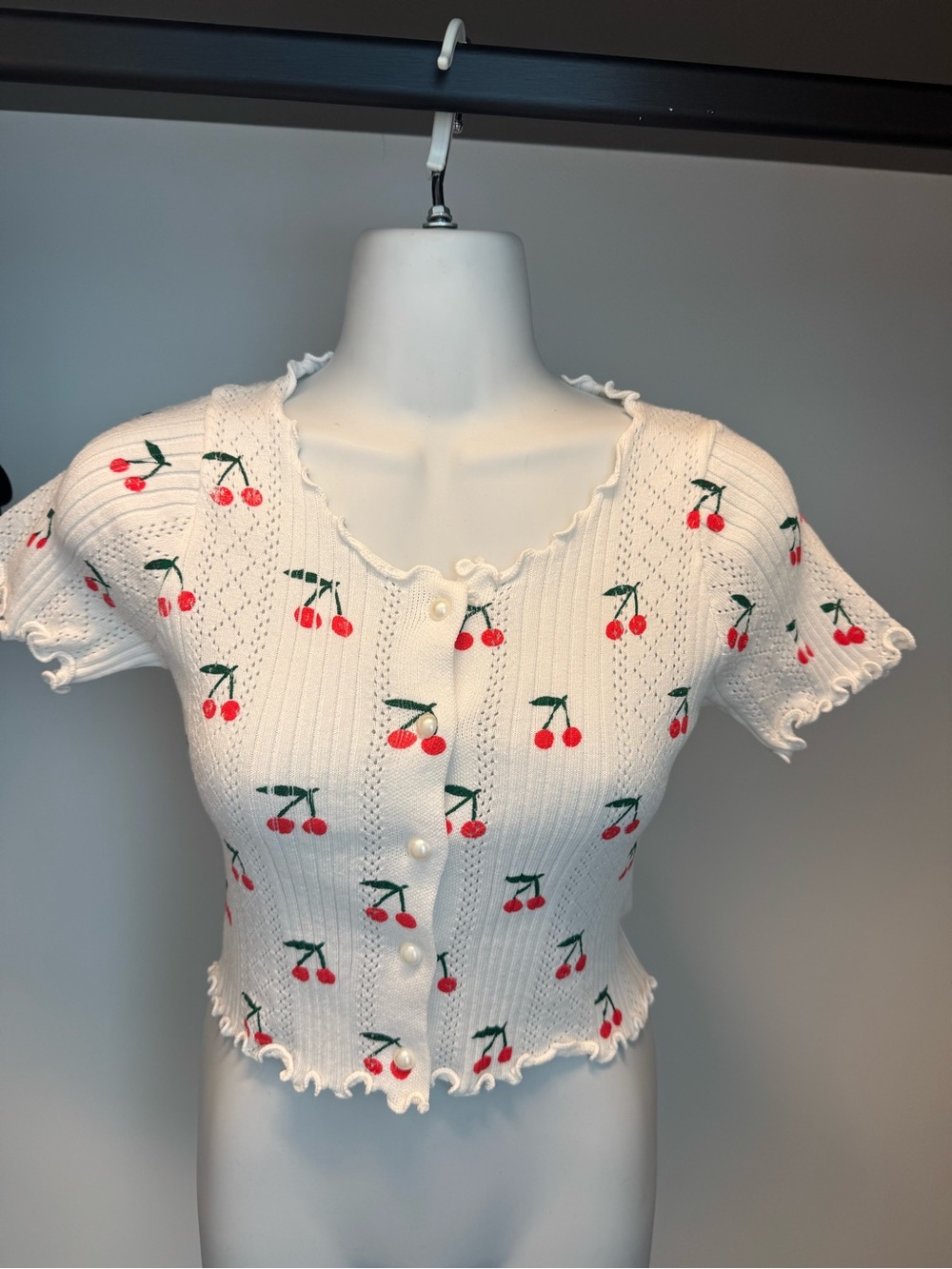 Urban Outfitters White Knit Cherry-Print Button Crop Top